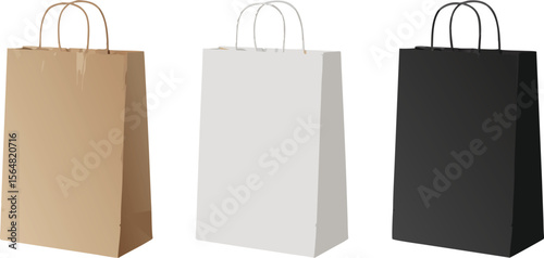 Three Shopping Bags Brown, White, and Black Paper Bags With Handles on White