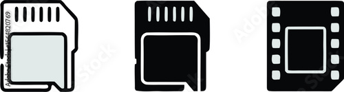 Three Stylized Icons SD Card Variations and Film Strip, Represented in Black and White