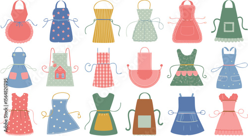 Variety of colorful cartoon aprons with different patterns like stars, stripes, polka dots and plaid