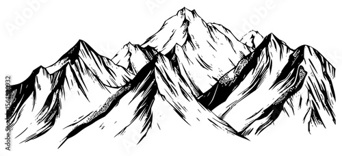 Minimilist illustration of a mountain range with multiple peaks rendered in black and white line art style design vector