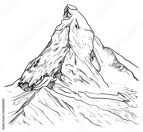 Minimilist illustration of a majestic mountain peak with intricate line work and detailed rocky formations design vector
