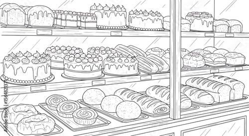 Detailed Line Art Illustration of a Traditional Bakery Display Case with Bread, Cakes, and Pastries