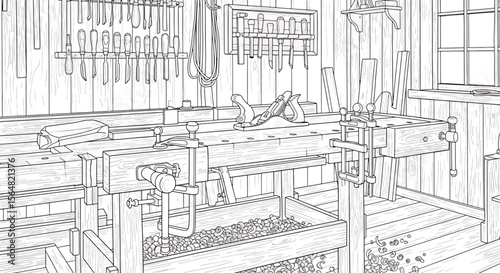 Vintage Carpenter's Workshop Line Art Illustration with Workbench and Hand Tools