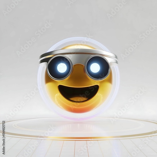 Happy golden smiling emoji wearing futuristic silver glasses is isolated on white background, glowing brightly in modern setting