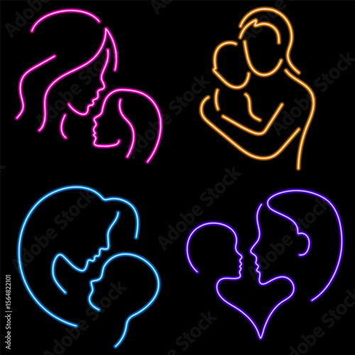 mother's day neon icon group, vector illustration on black background.