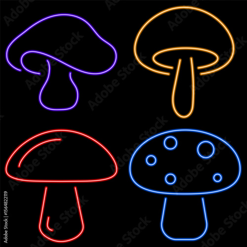 mushroom neon icon group, vector illustration on black background.