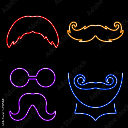 mustache neon icon group, vector illustration on black background.