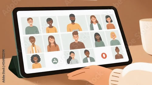 Animated Woman Attending a Virtual Meeting on Tablet Device in Home Office Setting