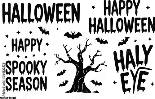 Black and White Halloween Graphics with Text, Bats, Stars, and Spooky Tree Silhouette