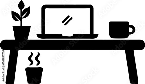Vector illustration of a hot coffee cup next to a computer, symbolizing a business break