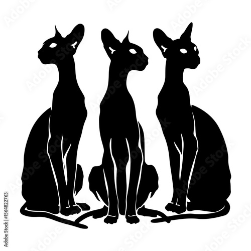 Peterbald Cat Black Silhouettes Set Clipart White Background