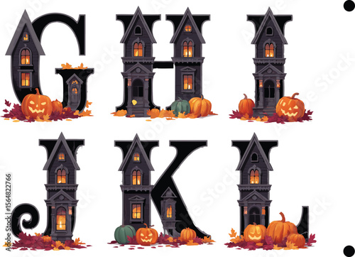 Halloween Alphabet Letters G, H, I, J, K, L Haunted House Style with Pumpkins