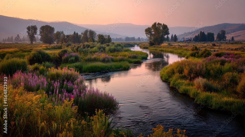 Fototapeta premium A river winds through a landscape glowing with sunset light, its surface reflecting golden hues. The banks are lined with wildflowers, ferns, and willows; distant hills fade near a farmhouse.