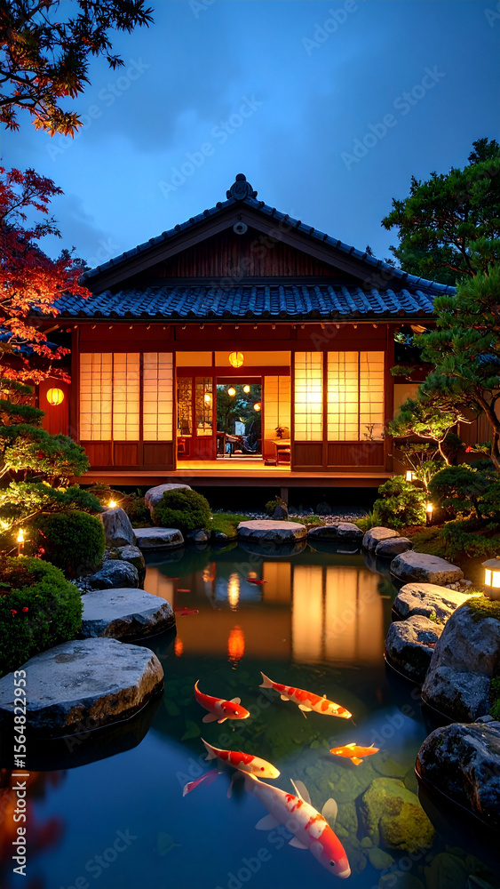Fototapeta premium Japanese style house with pond and traditional koi fish in garden