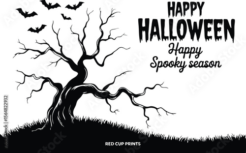 Happy Halloween Silhouetted Bats Flying Over Creepy Tree With Happy Spooky Season Text