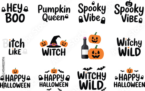 Spooky Season Designs Halloween Themed Graphics Featuring Pumpkins, Ghosts, Bats, and Witchy Slogans