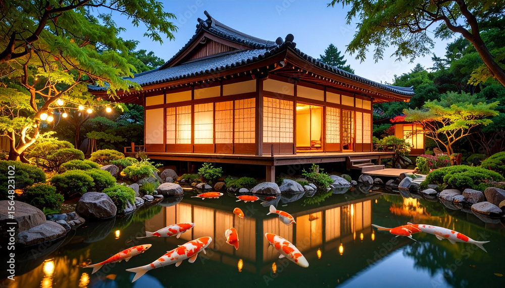 Obraz premium Japanese style house with pond and traditional koi fish in garden