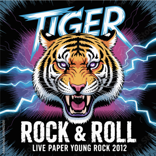 Fierce tiger head roaring with lightning and rock and roll text