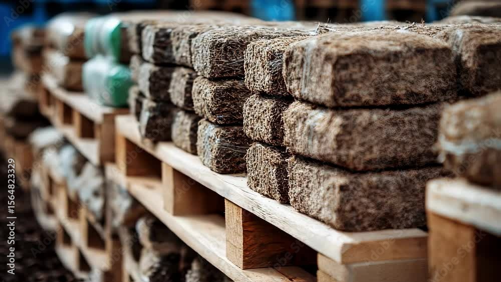 A closeup shot presents rows of neatly stacked wooden pallets carrying compressed biomass briquettes. These briquettes, made from agricultural residues, will be used as a sustainable