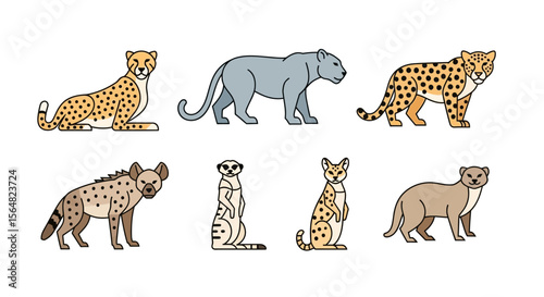 Vector illustration of african wildlife animals cheetah panther leopard hyena meerkat serval and puma drawing art