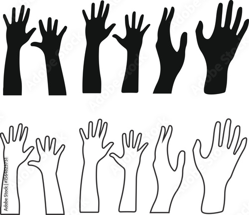 Collection of raised hands silhouettes and outlines showing variety of gestures