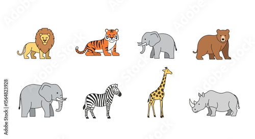 Vector cartoon animals illustration featuring lion tiger elephant bear zebra giraffe and rhinoceros drawing design vector