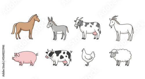 Vector farm animals illustration vector graphic featuring horse donkey cow goat pig chicken and sheep drawing style