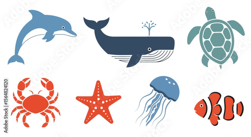 Vector ocean animals vector illustration set dolphin whale turtle crab starfish jellyfish clownfish sea life marine fauna