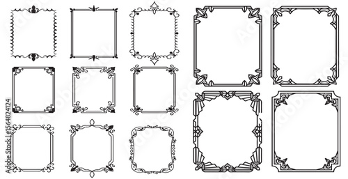 Square doodle stamp frames, hand-drawn wavy curly monograms. Edgings and cadres with simple sketchy scribble swirl design elements. Isolated. Vector illustration.