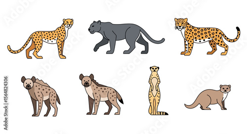 Vector illustration of african animals cheetah panther hyena meerkat and ferret drawing vector art for design