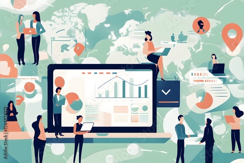 Illustration of global audience, social shares, and digital engagement metrics.