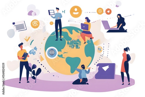 Colorful illustration depicting worldwide audience, social media shares, and key digital engagement statistics combined.