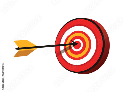A single arrow successfully hits the bullseye of a colorful target with concentric circles
