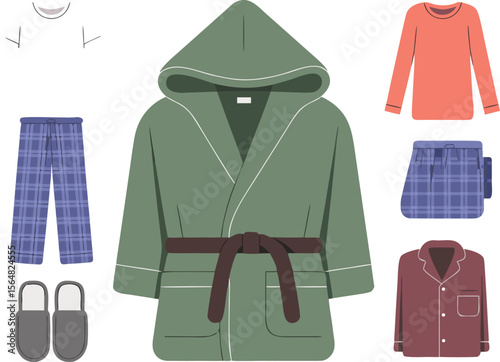 Assorted Sleepwear Pajama Sets, Plush Slippers, and a Hooded Bathrobe in Flat Lay Composition