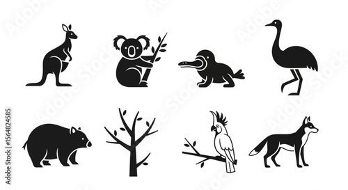 Vector australian wildlife vector icons set: kangaroo, koala, platypus, emu, wombat, tree, cockatoo, dingo icons