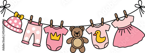Baby Clothesline Pink Outfit, Onesies, Hat, and Teddy Bear Drying with Clothespins Illustration
