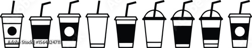 Black and White Icons Coffee and Smoothie Drinks in Cups with Straws Arrayed in a Row