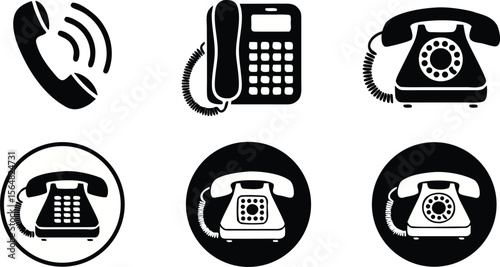 Black and White of Rotary, Push Button, and Cordless Telephones with Retro Design