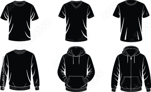 Black Clothing Templates TShirts, VNeck, Sweatshirt, Hoodie, and ZipUp Hoodie Illustrations