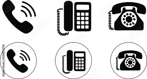 Black and White Telephone Icons Handset, Landline, and Rotary Phone Graphics Set