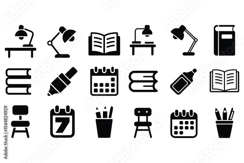 Collection of school and office supplies icons isolated on white background
