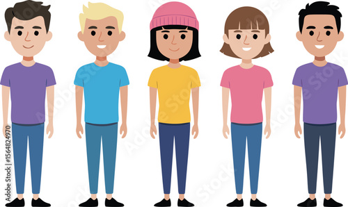 Cartoon Illustration of Diverse Group Young Adults Standing in TShirts and Jeans