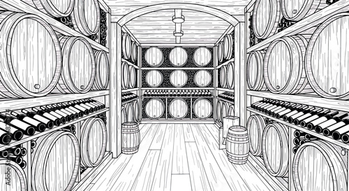 Rustic Wine Cellar with Barrels and Bottles Hand-Drawn Line Art