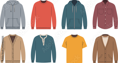 Collection of Eight Flat Lay Illustrations of Men's Casual Clothing for Fall