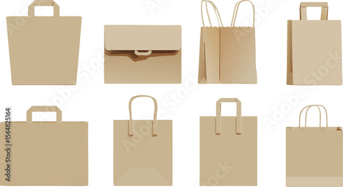 Collection of Various Style Unbranded Brown Paper Shopping Bags and Gift Bags Isolated on White