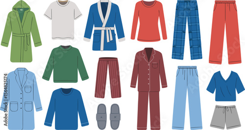 Colorful Cartoon Pajamas, Robes, and Slippers Illustration for Sleepwear Apparel Product Presentation