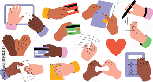 Diverse Hands Holding Cards, Tablets, Writing, and Forming Heart Shape Illustration on White Background