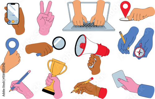 Diverse Hands Holding Objects Phone, Laptop, Magnifying Glass, Trophy, Megaphone, and Writing Utensils Illustration
