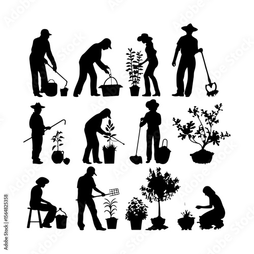 Set of Gardening People Silhouettes White Background Isolated Vector