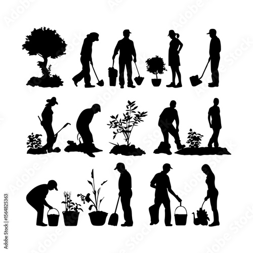 Set of Gardening People Silhouettes White Background Isolated Vector